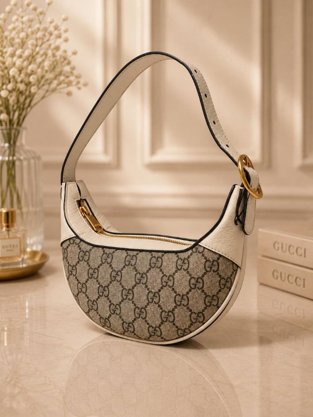 Authentic Gucci GG Supreme Mini Half Moon Shoulder Bag Canvas Leather